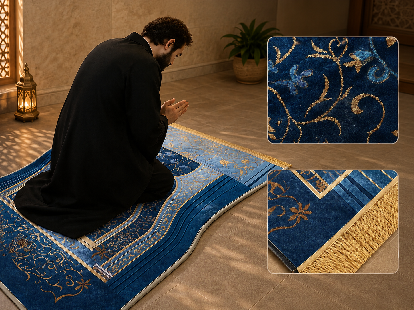 A man in a black robe prays on a luxurious blue and gold prayer rug, showcasing intricate floral patterns.