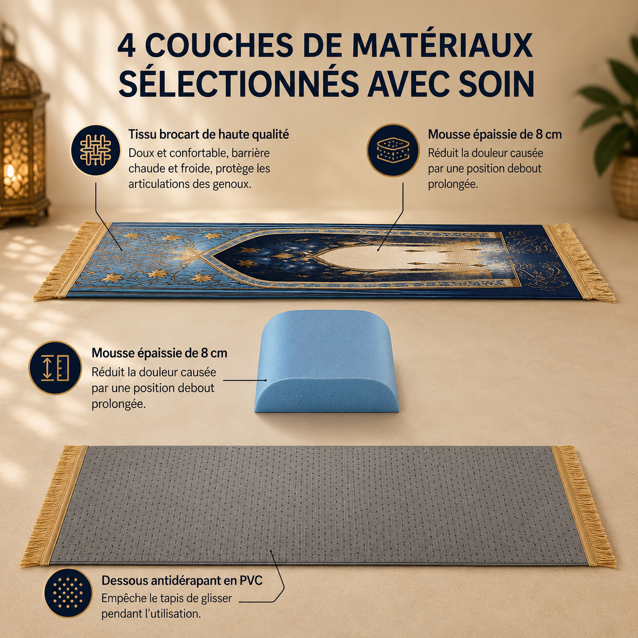 Prayer mat with 4 layers: soft fabric, 8cm thick foam, and non-slip PVC backing.
