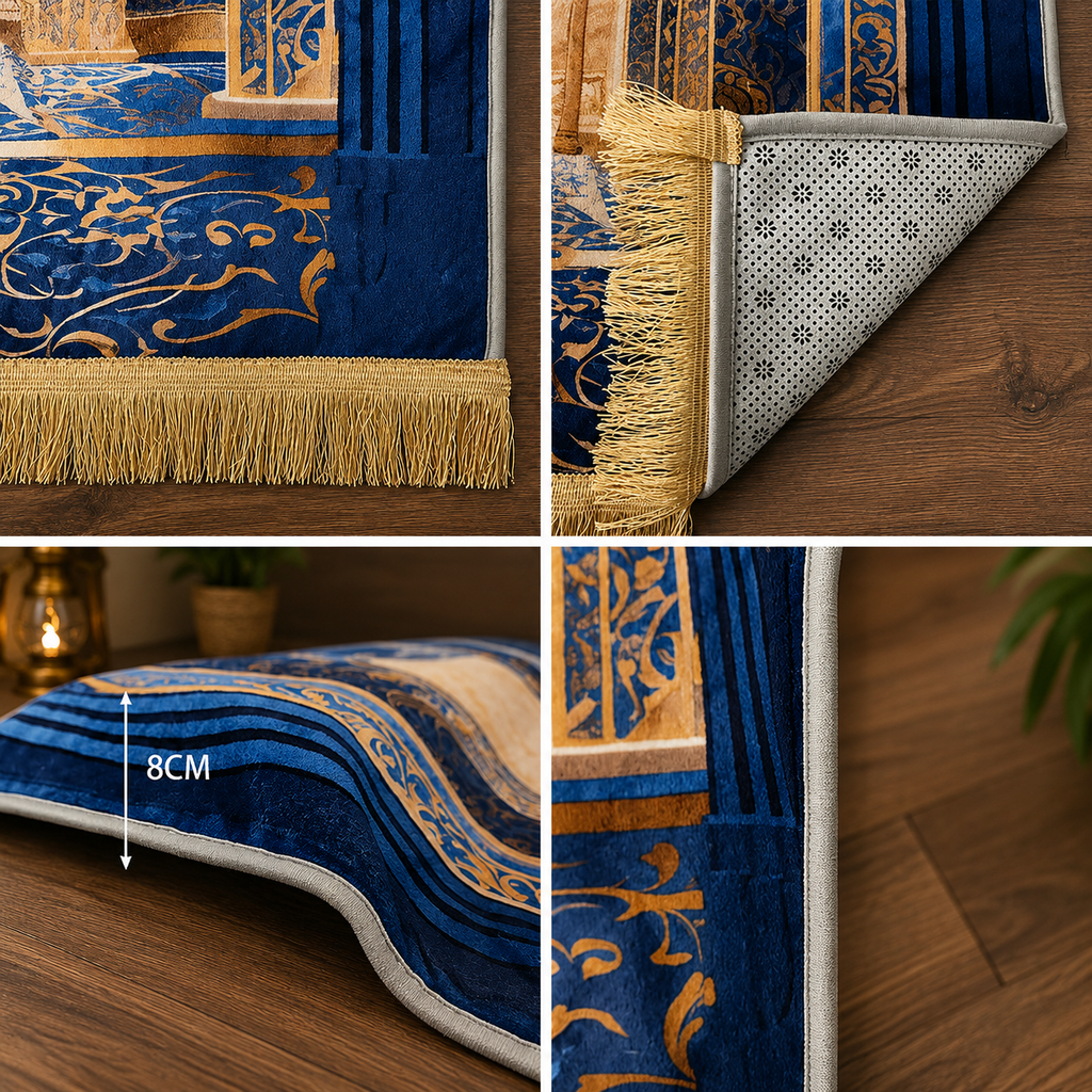 Thick prayer mat with ornate blue and gold design, showing fringe, non-slip backing, and 8cm thickness.