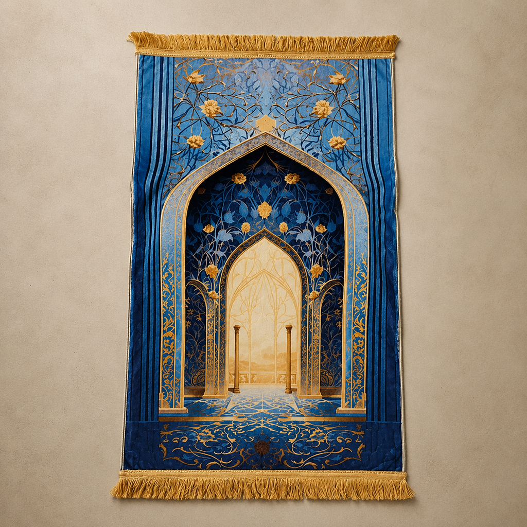 Blue prayer mat with a golden floral archway design and fringed edges.