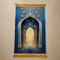 Blue prayer mat with a golden floral archway design and fringed edges.