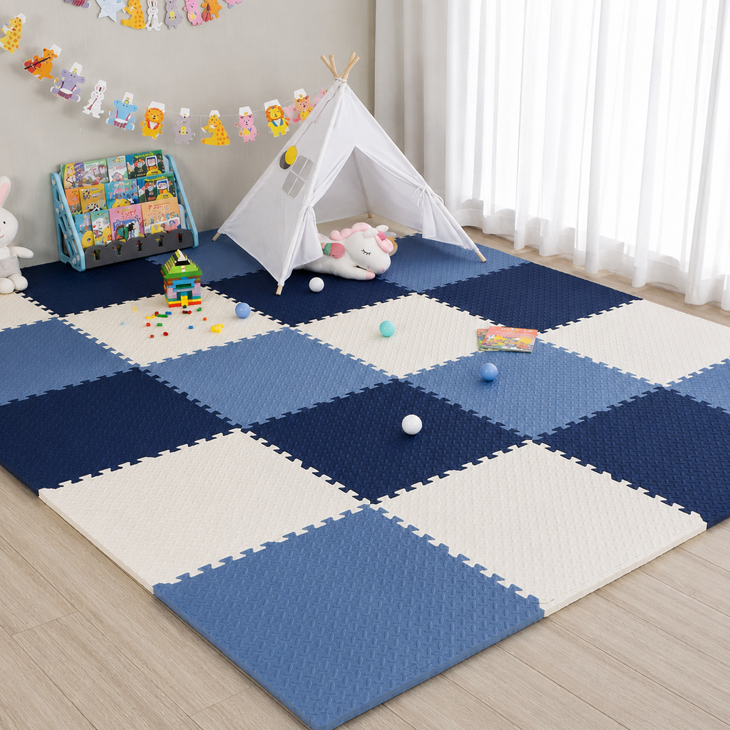 Blue, white, and navy interlocking foam floor tiles for a playroom, with a teepee and toys.