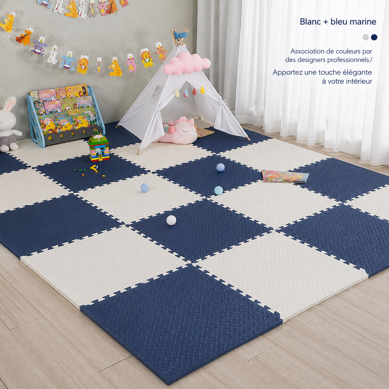 Blue and white interlocking foam floor tiles for a playroom, featuring a tent and toys.