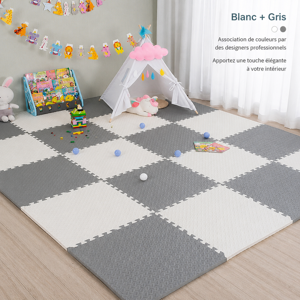 Gray and white interlocking foam puzzle mats arranged in a checkerboard pattern on a playroom floor.