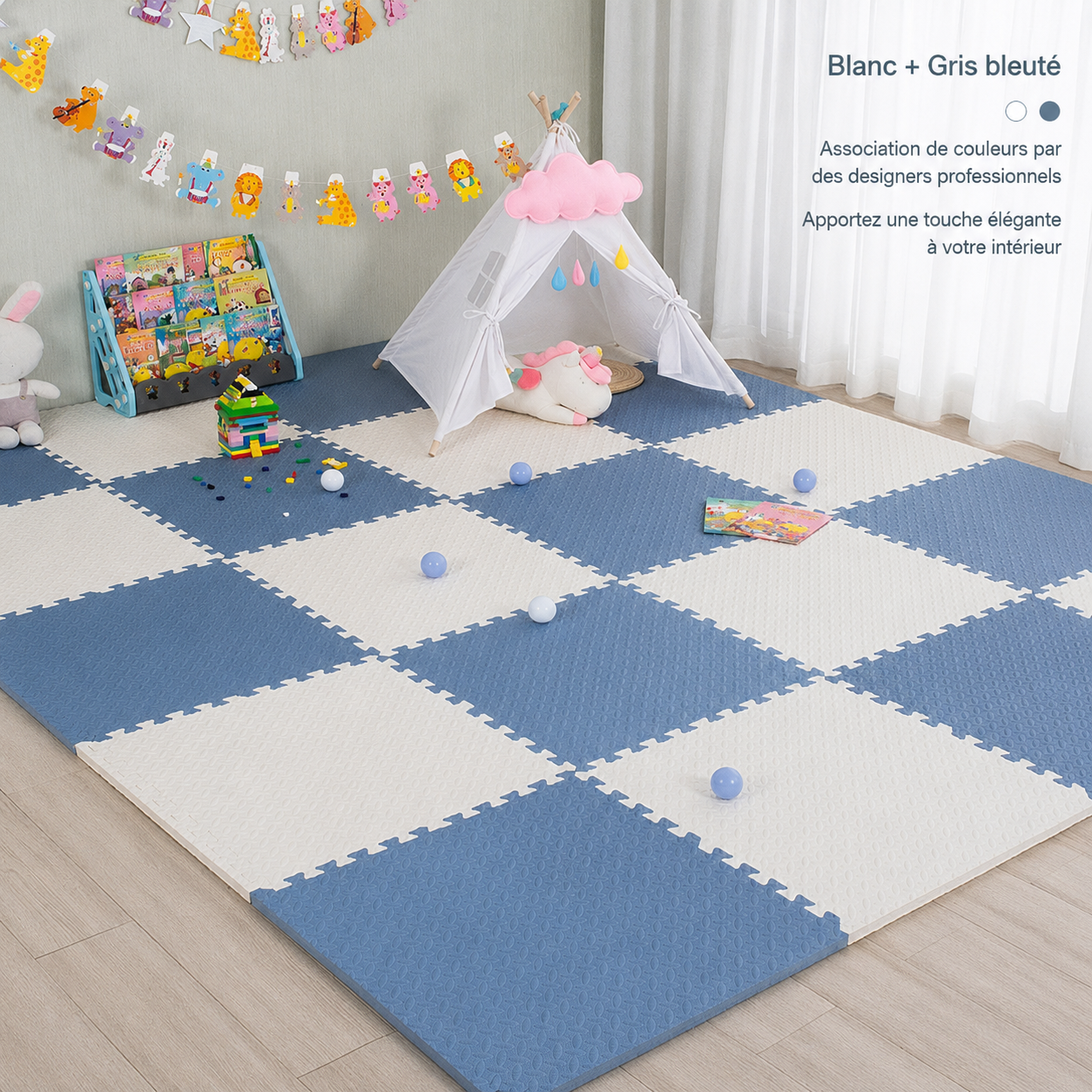 Blue and white interlocking foam floor tiles laid out in a checkerboard pattern in a playroom.
