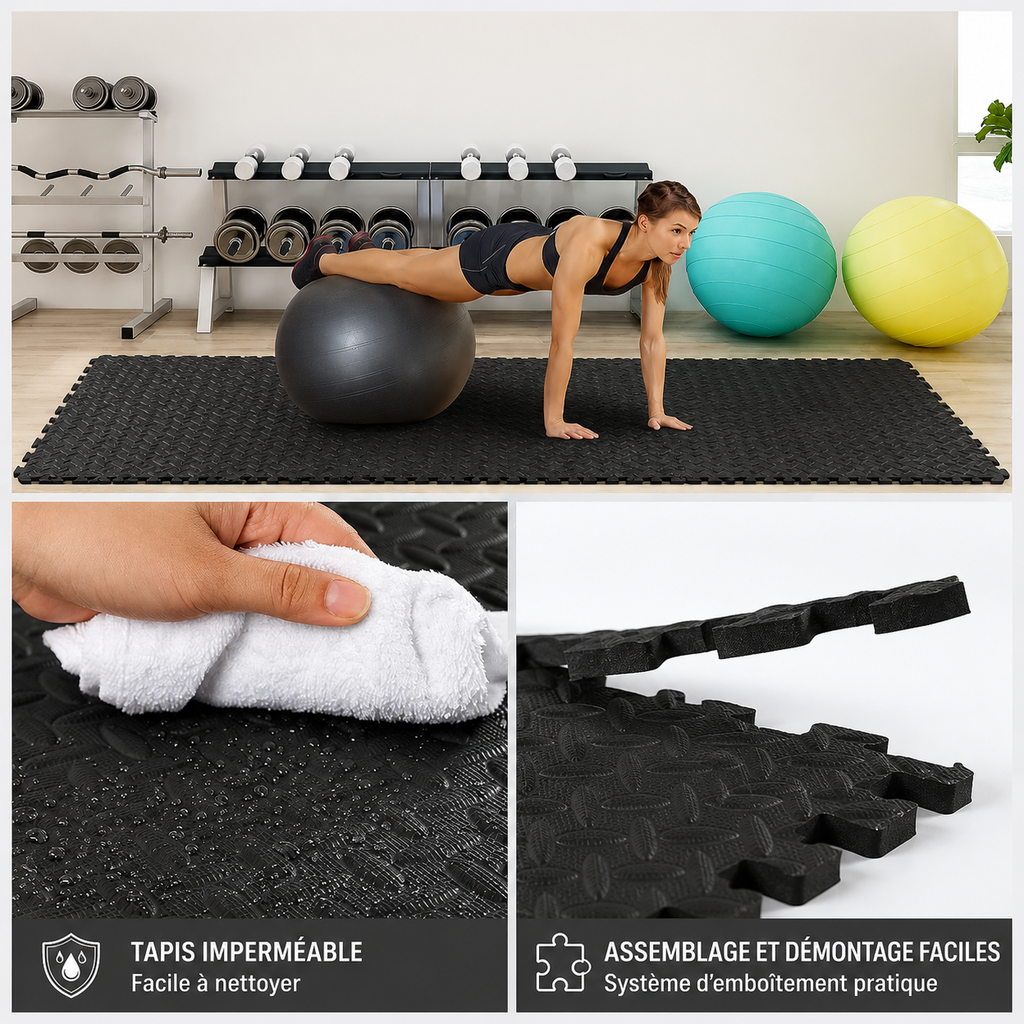 Black interlocking gym floor mats with a textured surface, shown in use for exercise and detail shots.