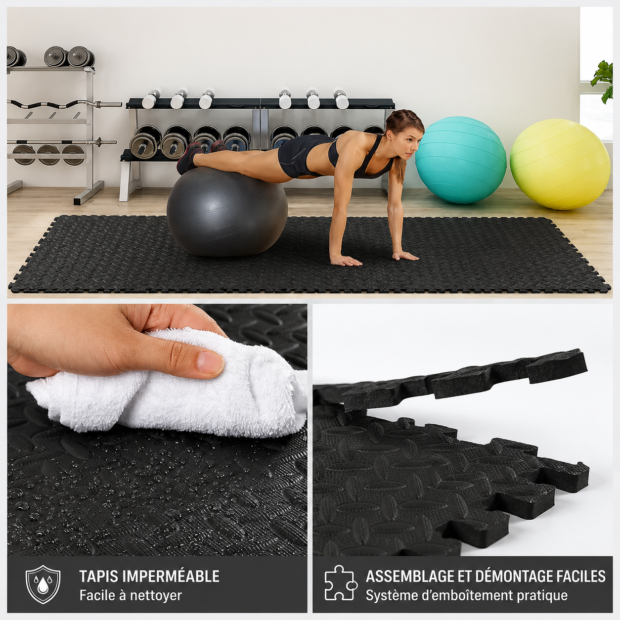 Black interlocking gym floor mats with a textured surface, shown in use for exercise and detail shots.