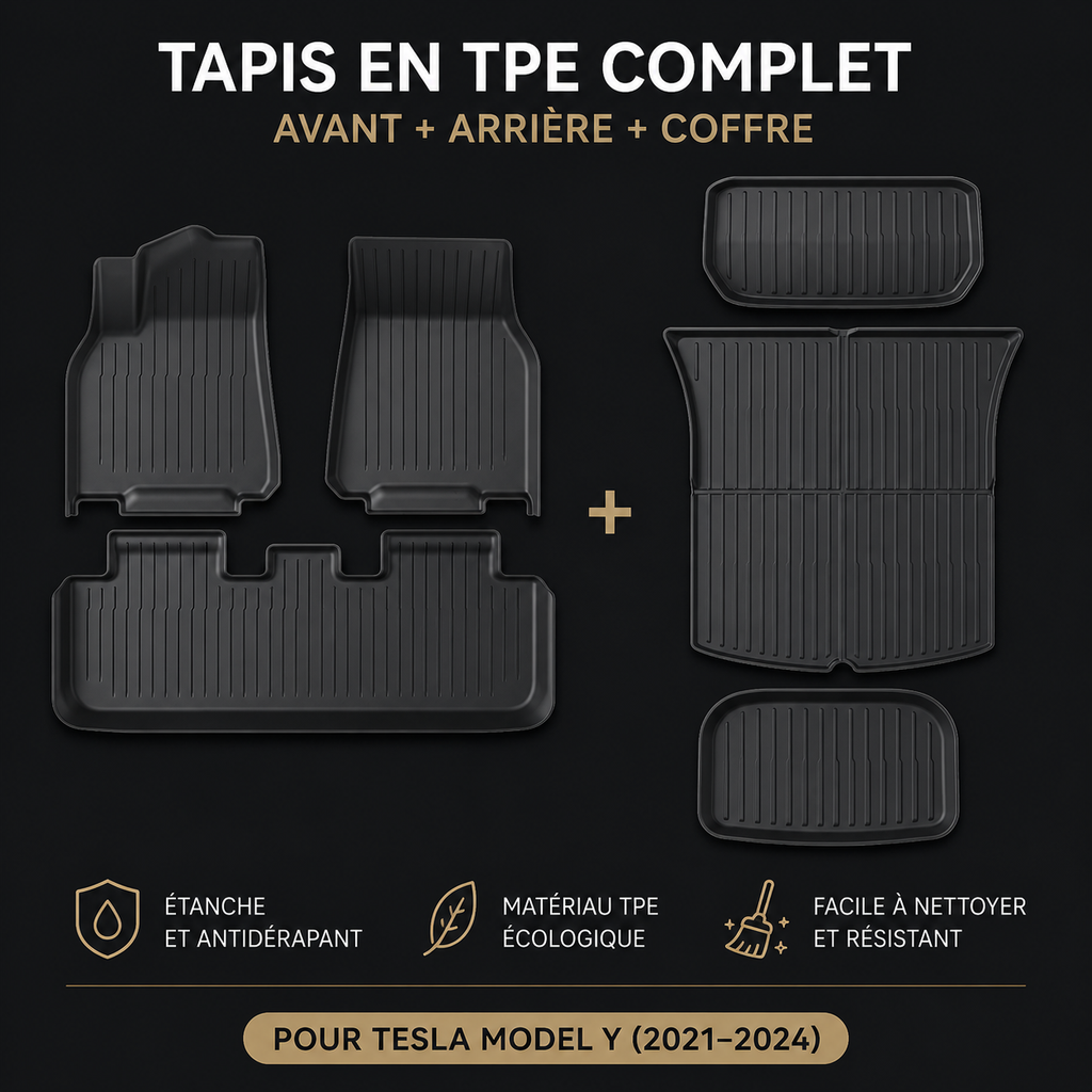 Complete TPE floor mat set for Tesla Model Y (2021-2024) including front, rear, and trunk liners.