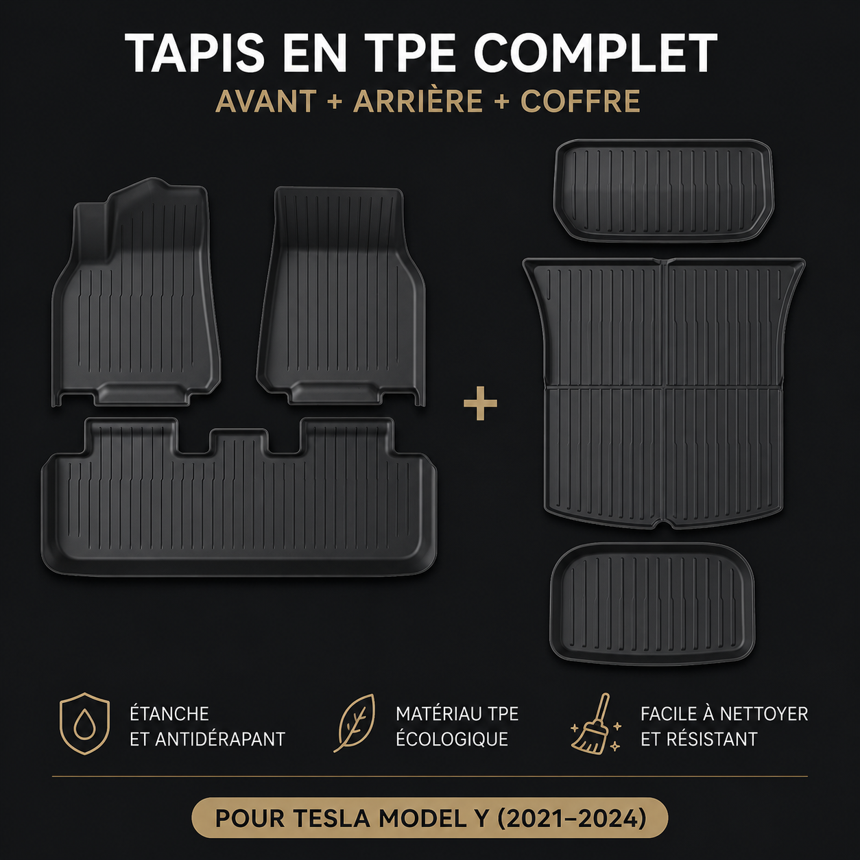 Complete TPE floor mat set for Tesla Model Y (2021-2024) including front, rear, and trunk liners.