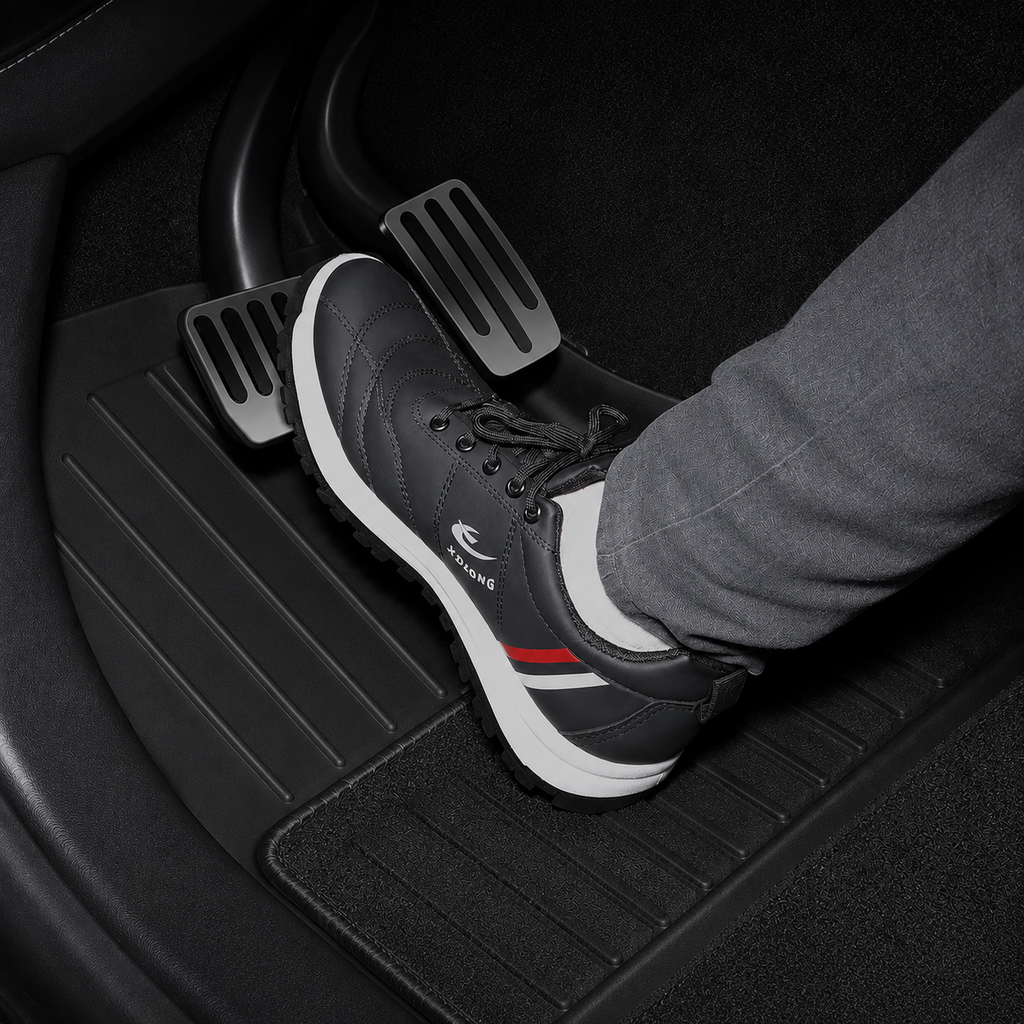 Black floor mats for a Tesla Model 3 Highland, with a person's foot on the accelerator pedal.