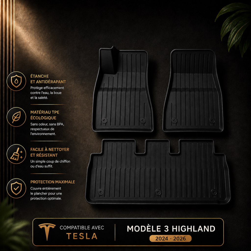 Black all-weather floor mats for Tesla Model 3 Highland 2024-2026, showing grip, eco-friendly TPE material, and full coverage.