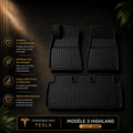 Black all-weather floor mats for Tesla Model 3 Highland 2024-2026, showing grip, eco-friendly TPE material, and full coverage.