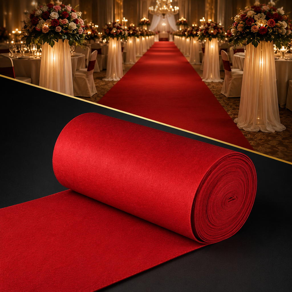 Rolled red carpet runner, ideal for events and entrances, displayed on a black background.