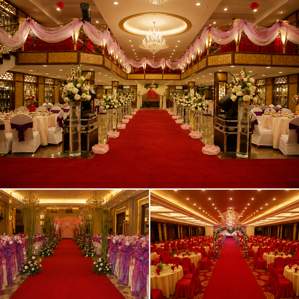 Elegant red carpet runner leading to a beautifully decorated event venue, suitable for weddings or galas.