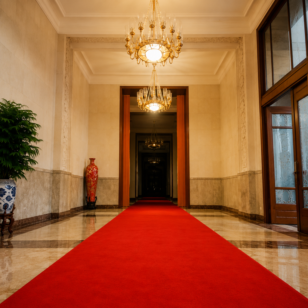 Luxurious red carpet runner leading through an elegant, well-lit hallway with chandeliers.