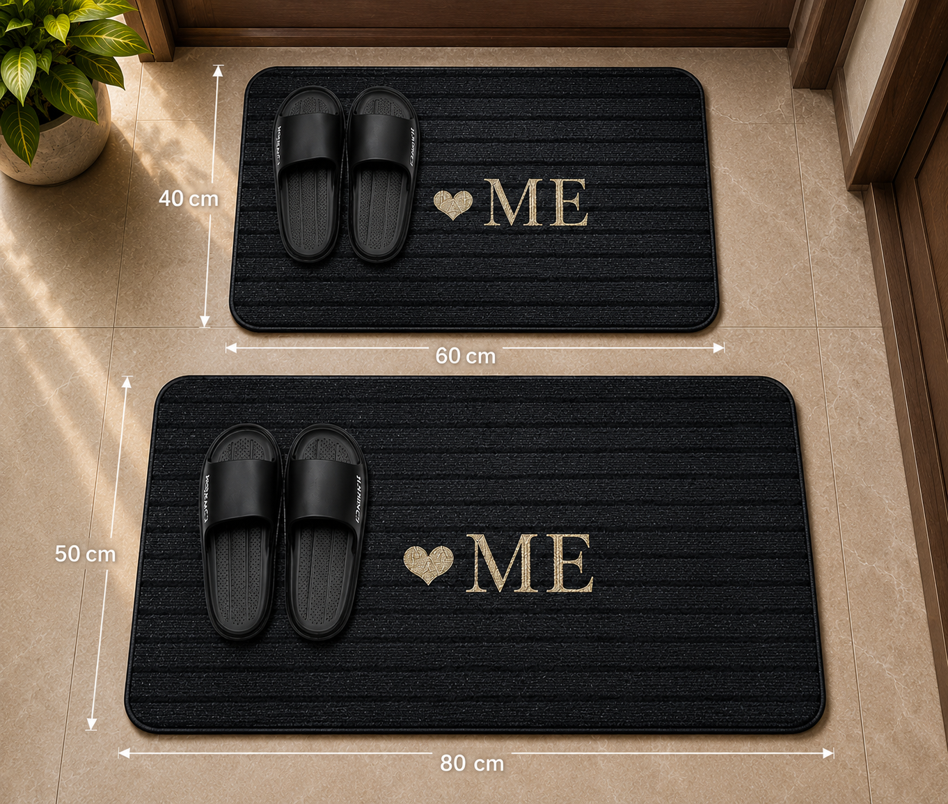Black welcome mats with "ME" and heart design, sizes 60x40cm and 80x50cm.