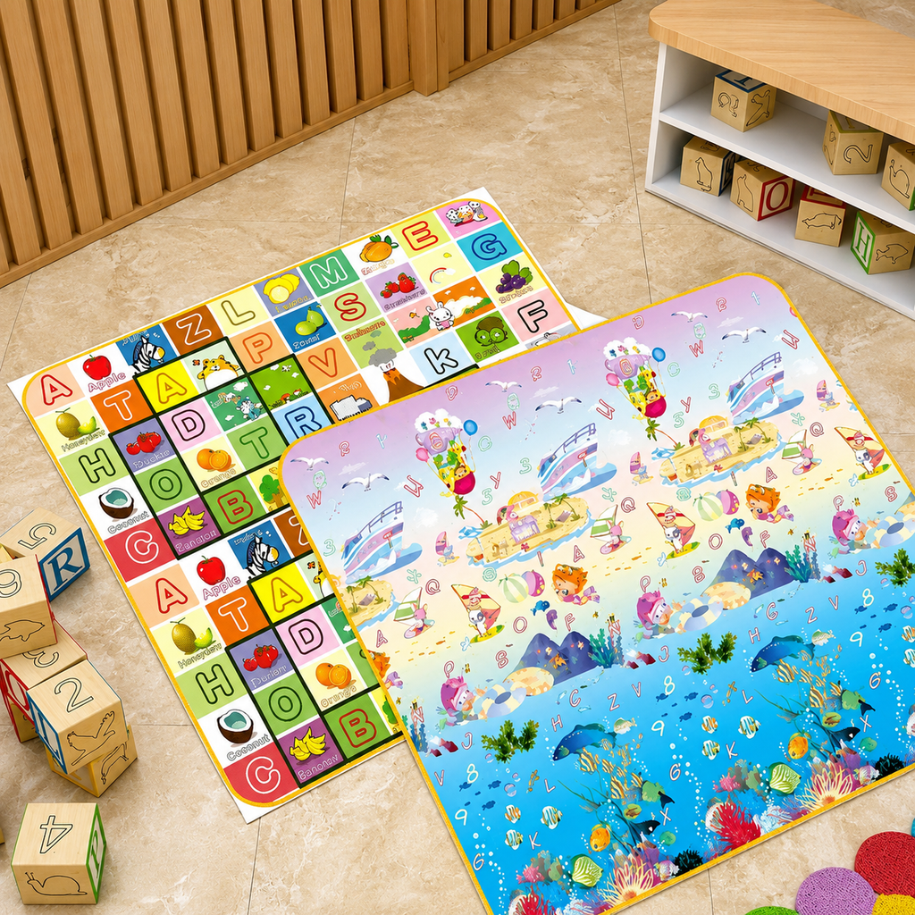 Colorful alphabet and number play mat for babies with ocean and beach themes.