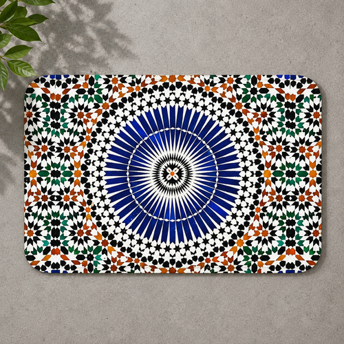 Rectangular Berber rug with intricate geometric blue, green, and orange mosaic pattern.