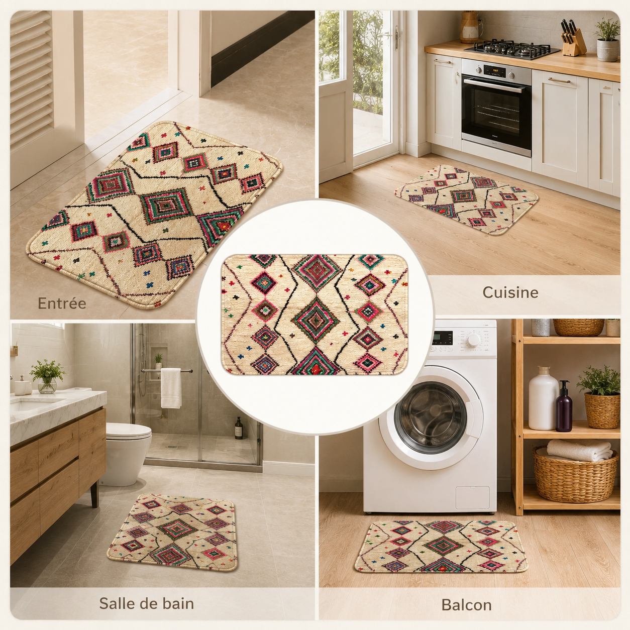 Beige and cream Berber-style rug with diamond pattern, shown in kitchen, entryway, bathroom, and balcony settings.
