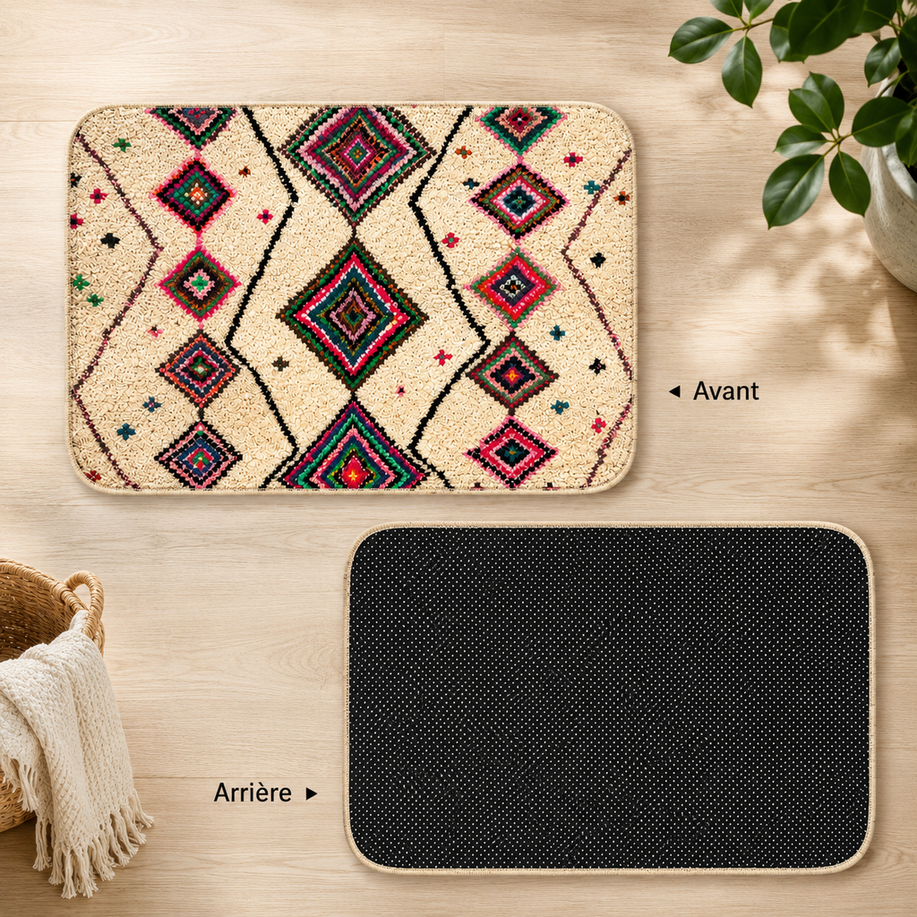 Close-up of a colorful Berber-style rug with geometric diamond patterns and a textured cream background.
