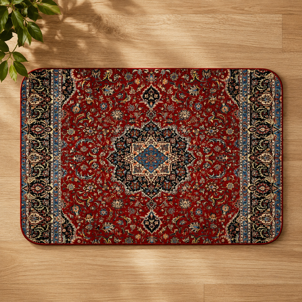 Red Moroccan Berber rug with intricate floral patterns and a central medallion on a wooden floor.