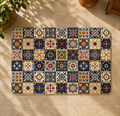 Colorful Moroccan Berber rug with intricate geometric patterns in red, blue, and yellow.
