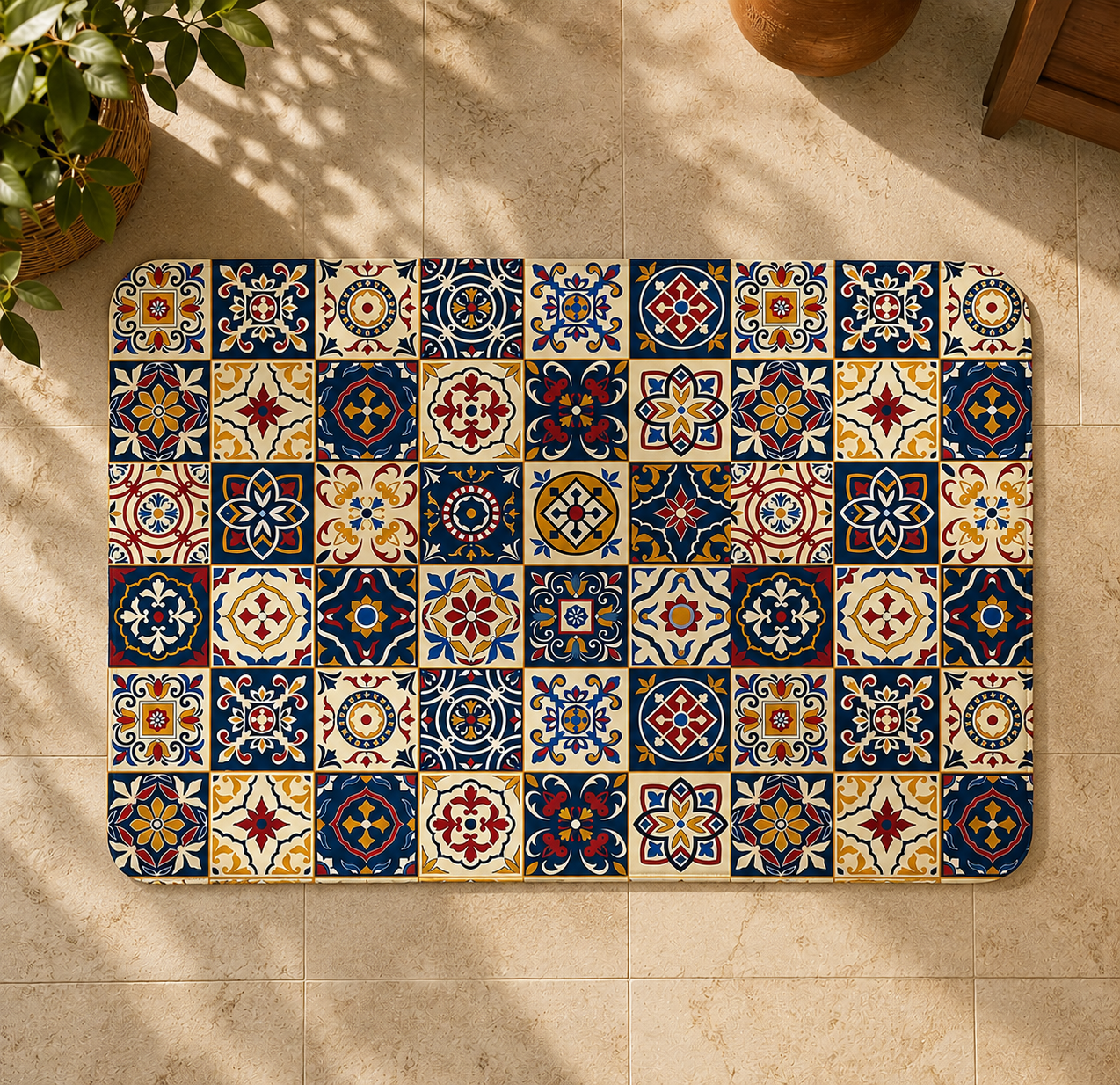 Colorful Moroccan Berber rug with intricate geometric patterns in red, blue, and yellow.