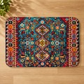 Colorful Berber-style rug with intricate geometric patterns and a vibrant blue and red color scheme.