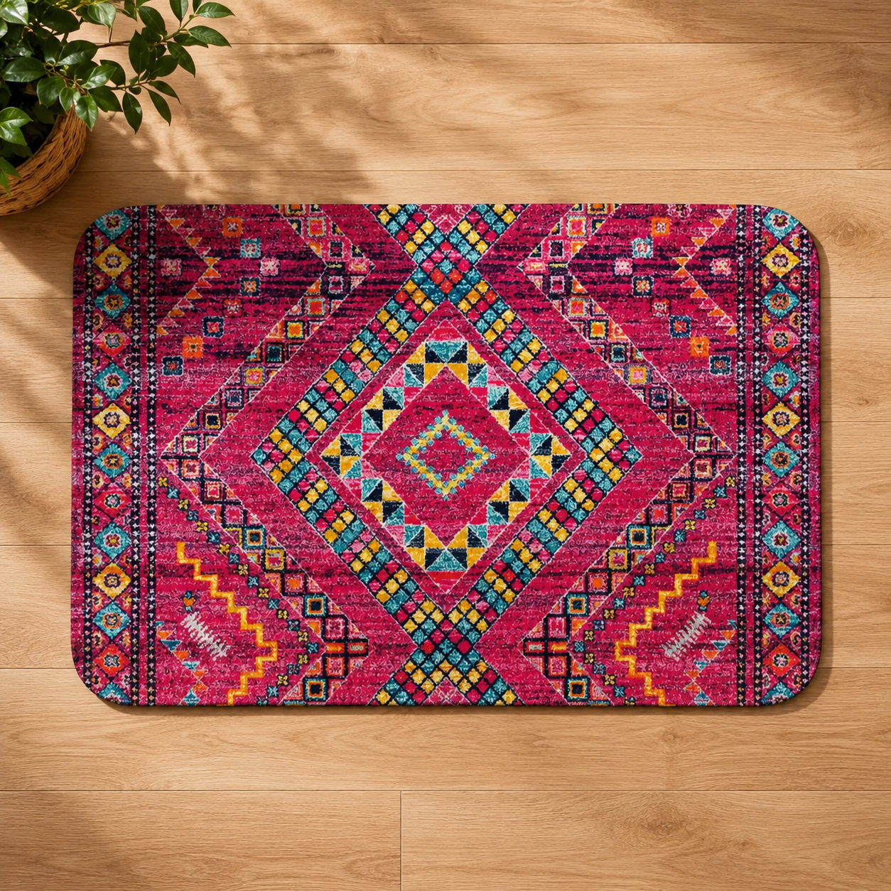 Vibrant Berber rug with a diamond pattern in pink, teal, and yellow on a wooden floor.