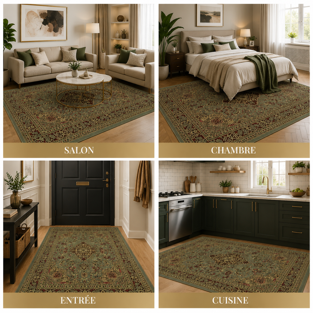 Four vignettes showcasing a traditional oriental rug in a living room, bedroom, entryway, and kitchen.