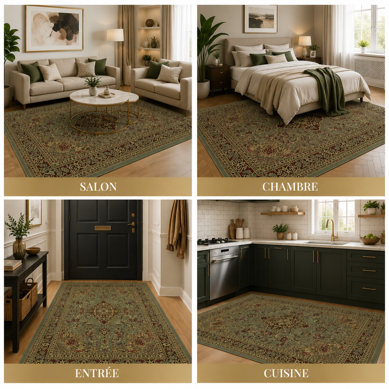 Red oriental rug featured in a living room, bedroom, entryway, and kitchen setting.