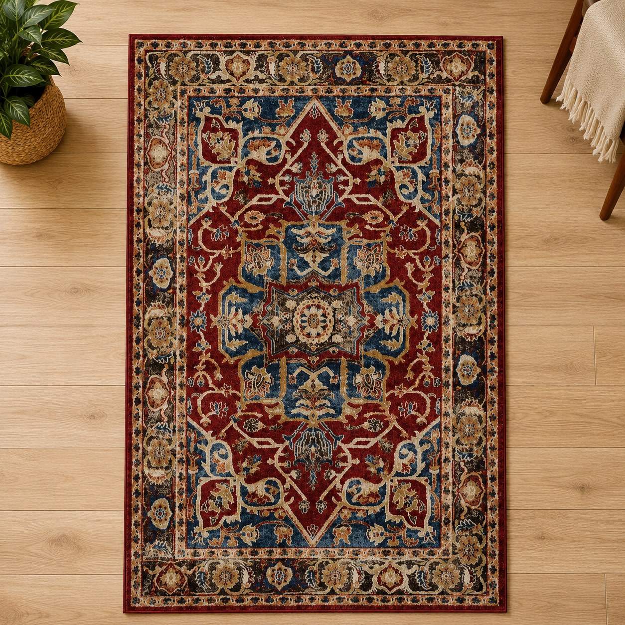 Deep red and blue oriental rug with intricate medallion pattern on a light wood floor.
