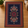 Tapis oriental rouge avec un motif floral complexe et des bordures rouges ornées.