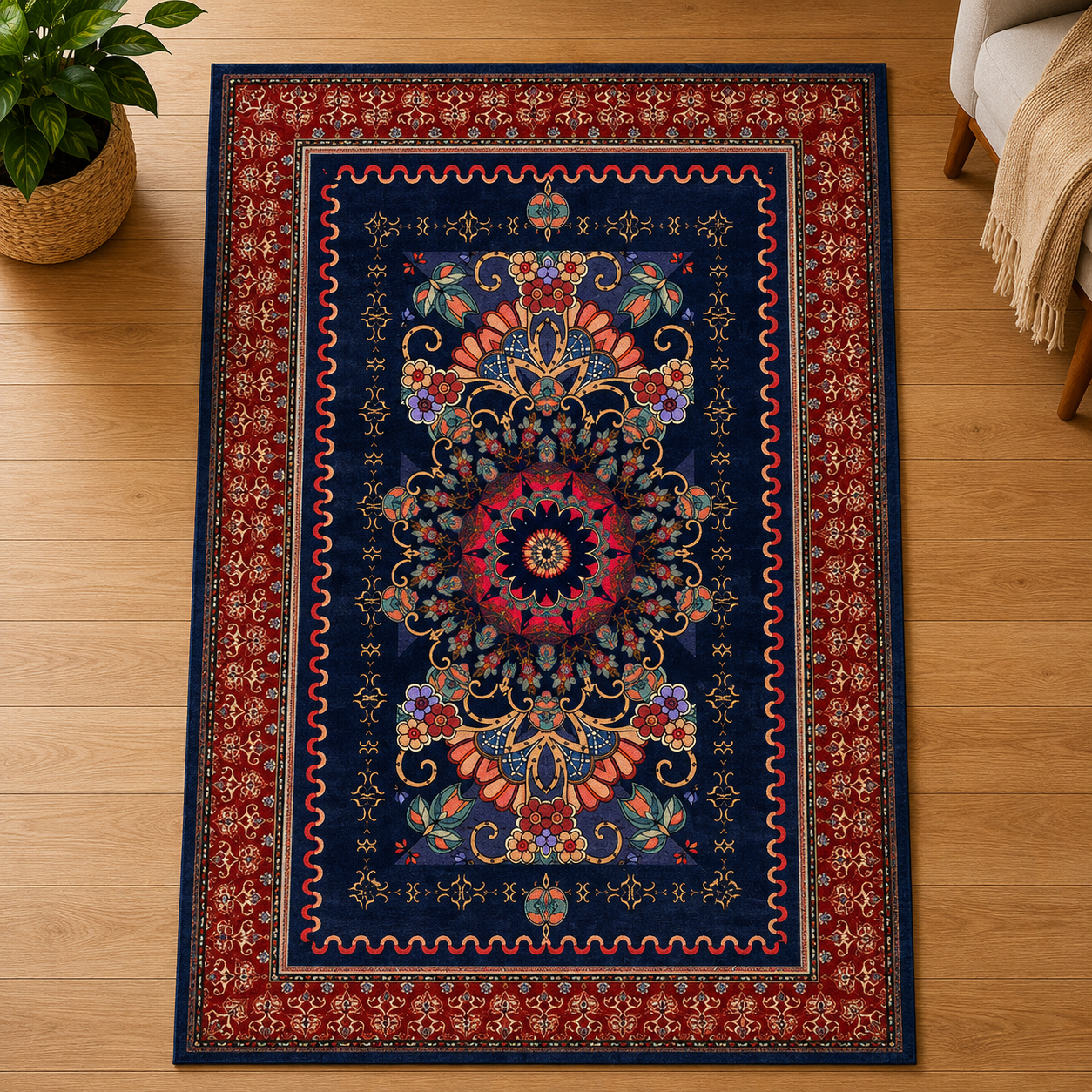 Tapis oriental rouge avec un motif floral complexe et des bordures rouges ornées.