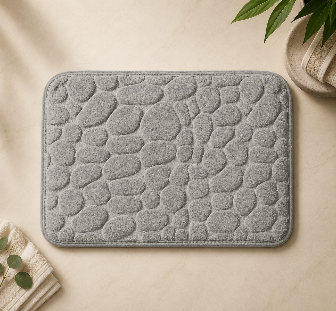 Grey pebble-patterned absorbent bath mat made of soft microfiber.