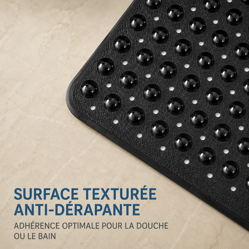Close-up of a black textured anti-slip bath mat with raised suction cups on a tiled surface.
