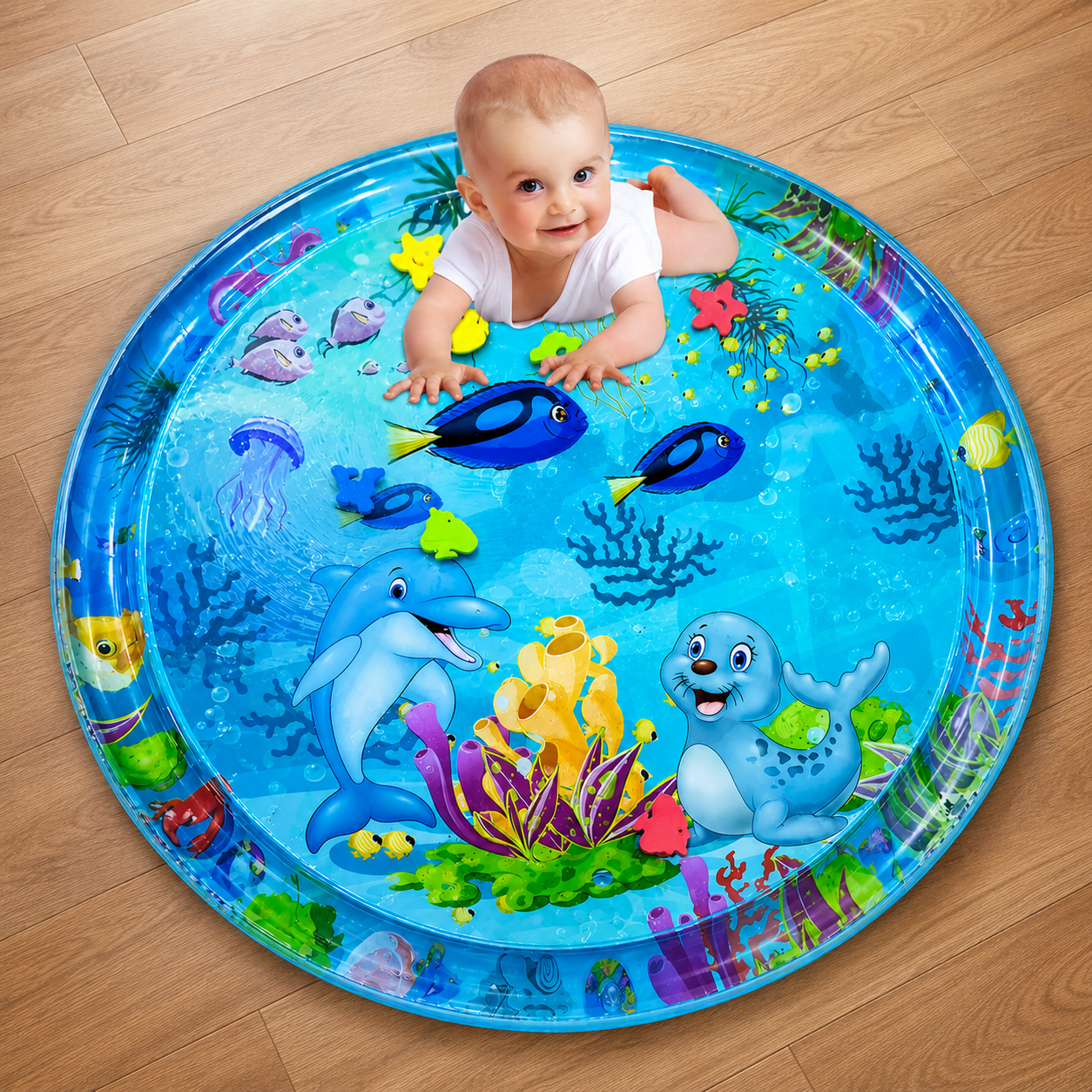 Baby lying on a blue inflatable water play mat with sea creatures.