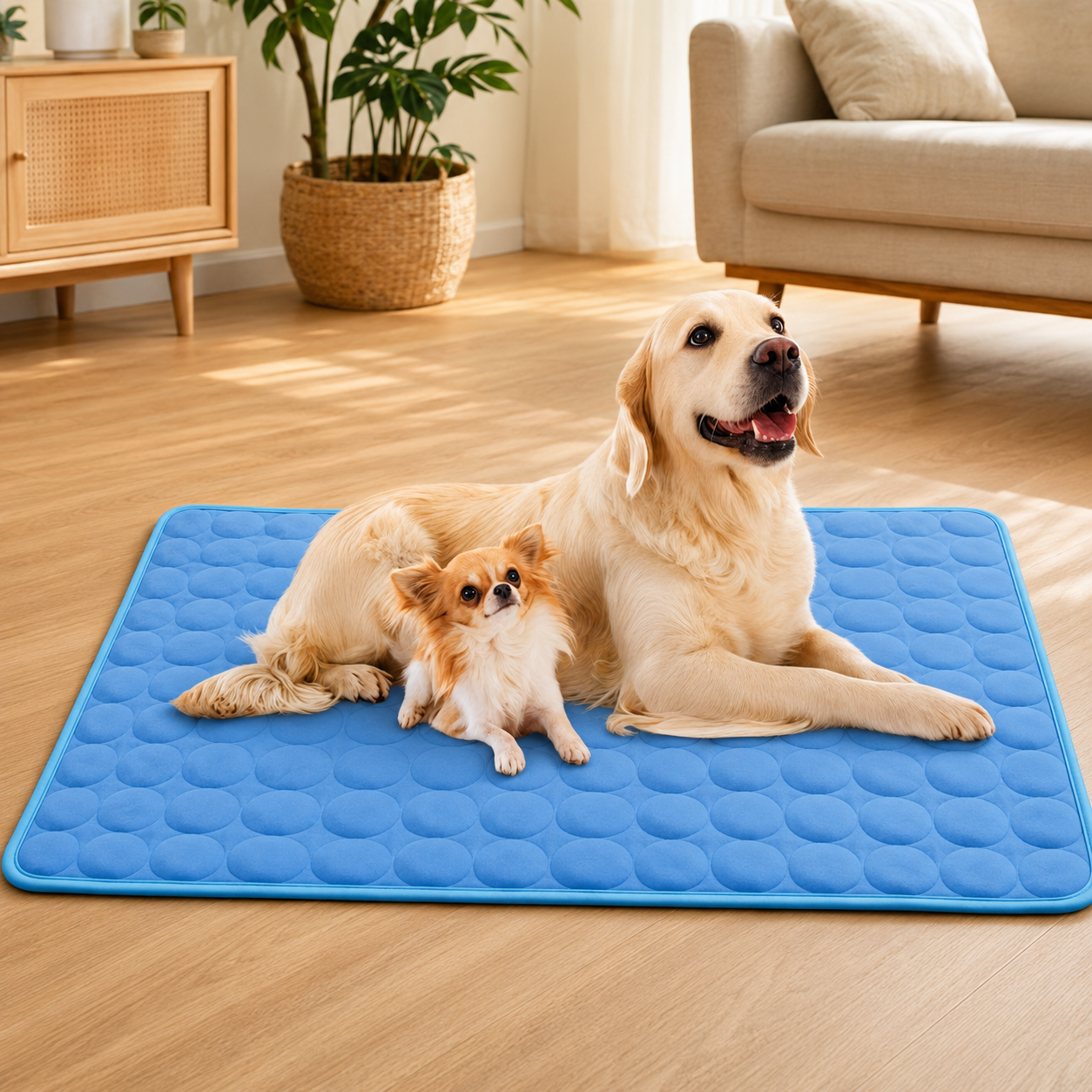 Golden Retriever and Chihuahua resting on a blue cooling mat for dogs.