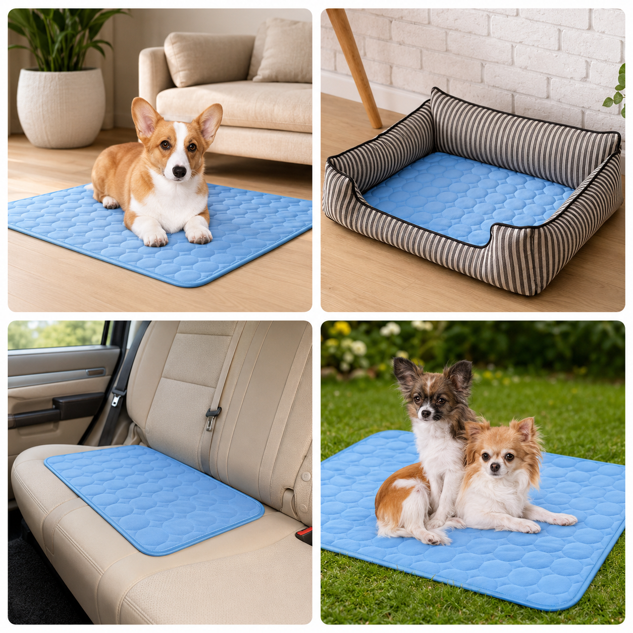 Blue cooling mat for dogs, shown in a dog bed, car, and on grass.