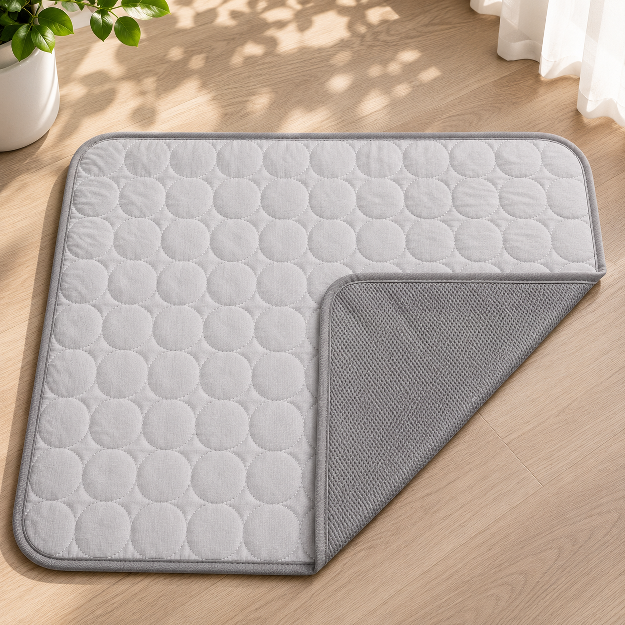 Grey quilted cooling mat for dogs with a non-slip textured backing.