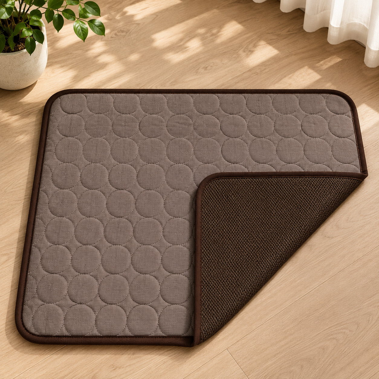 Brown quilted cooling mat for dogs with non-slip backing.