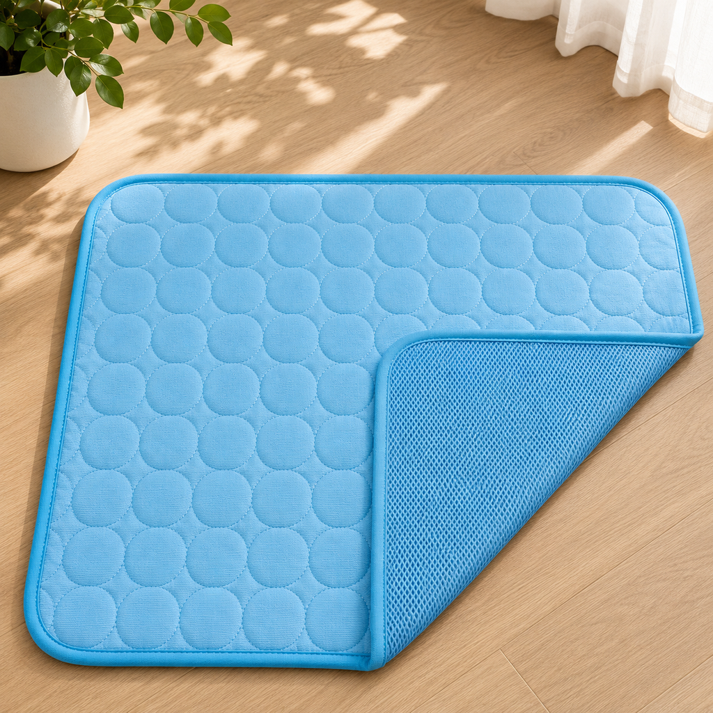 Blue cooling mat for dogs with a quilted surface and breathable mesh backing.