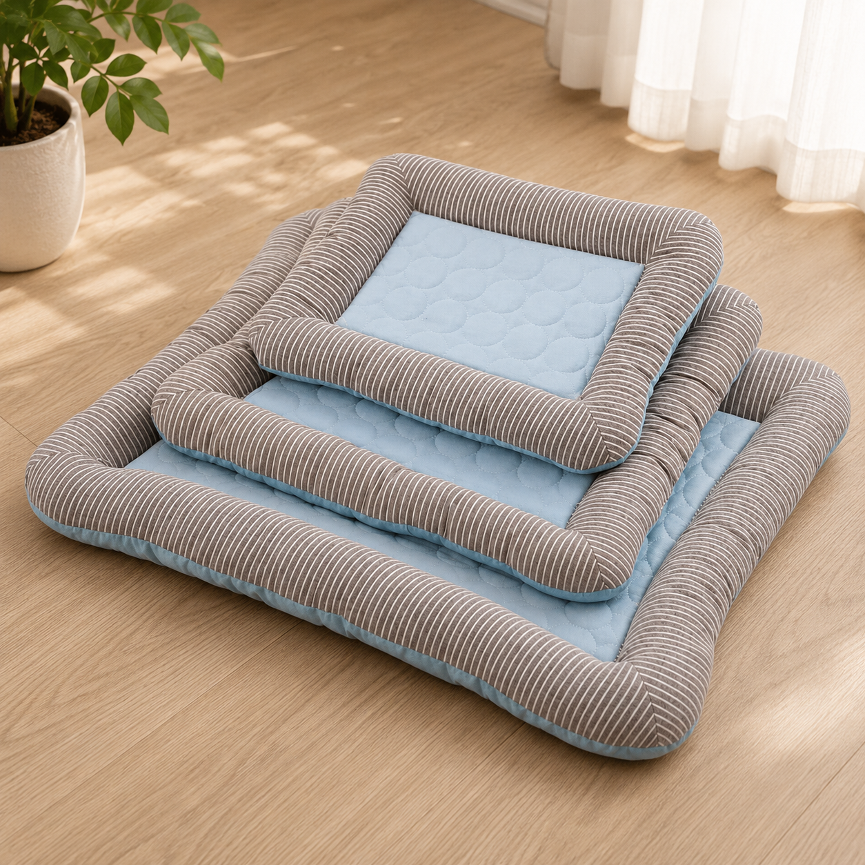 Three stacked blue and grey striped cooling mats for cats, in varying sizes.