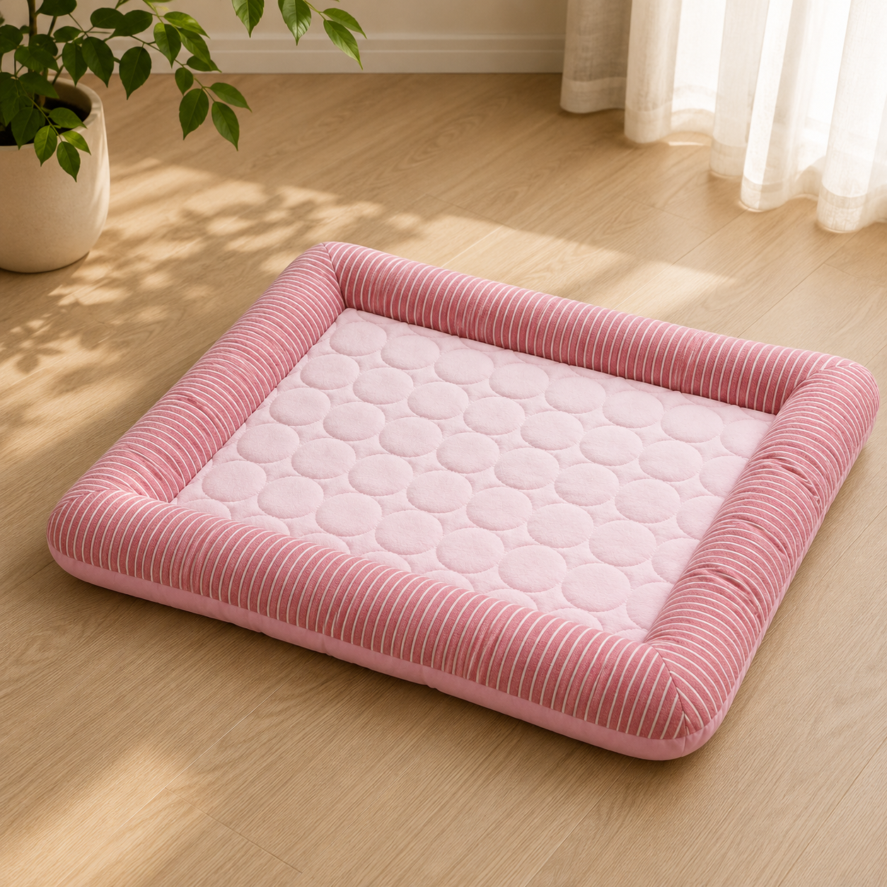 Pink and white striped cooling mat for pets with a quilted surface, placed on a wooden floor.