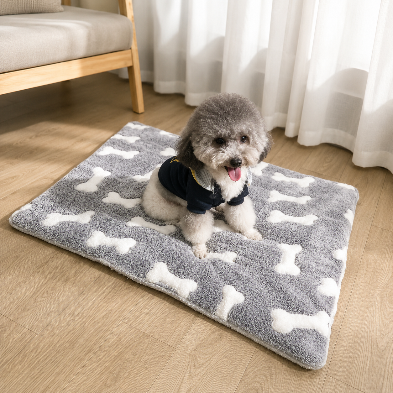 Fluffy grey dog mat with white bone pattern, featuring a small poodle mix wearing a blue sweater.