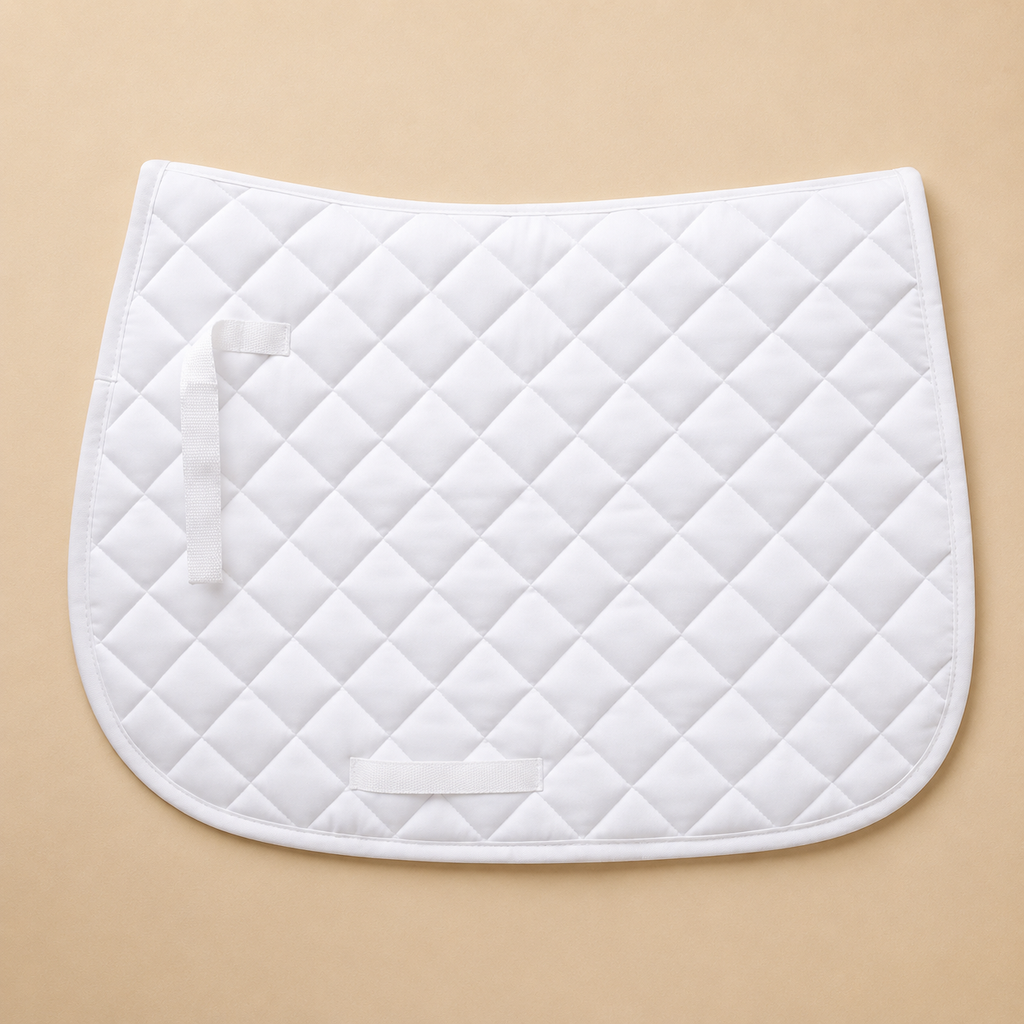White quilted saddle pad with nylon straps, Tapis Kentucky style.