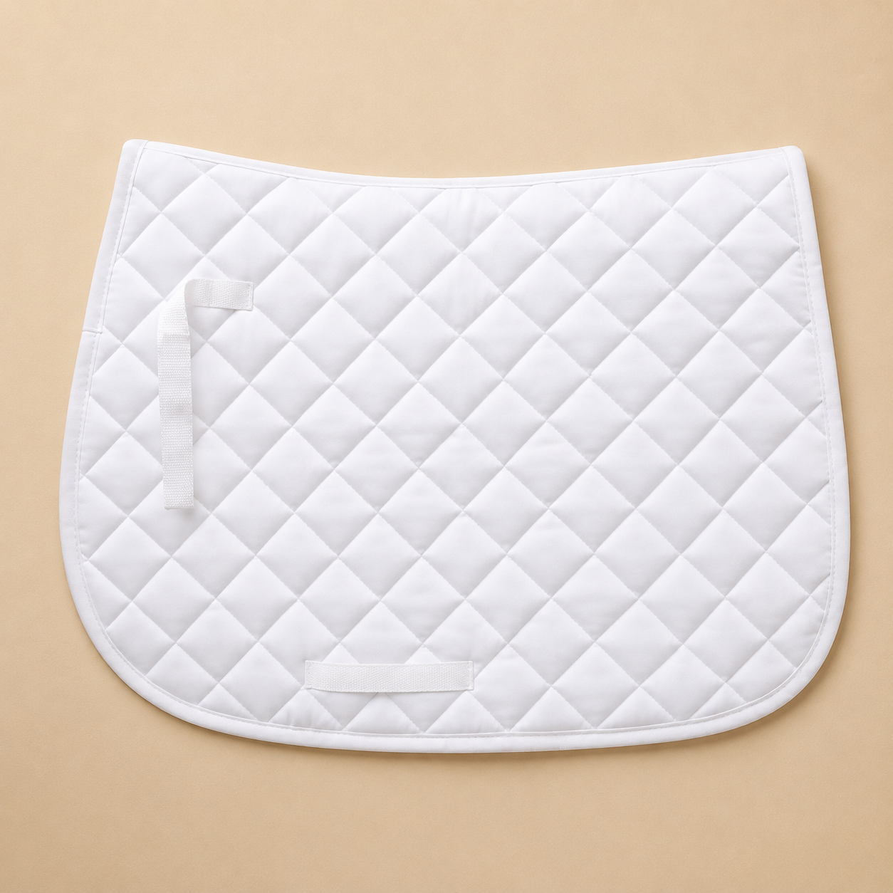 White quilted saddle pad with nylon straps, Tapis Kentucky style.