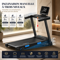 Black Merach incline treadmill with digital display showing 6.9 and manual incline levels.