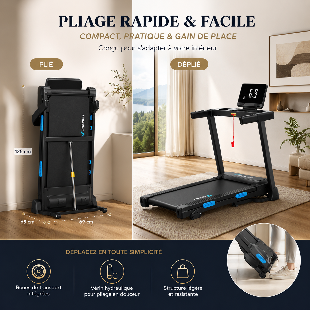 Folded and unfolded Merach incline treadmill, showing compact storage and ready-to-use design.