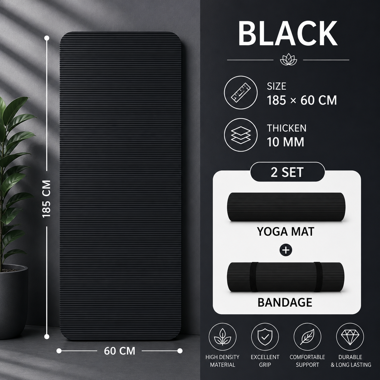 Black yoga mat, 185 cm x 60 cm, 10 mm thick, with carrying straps, 2-pack.